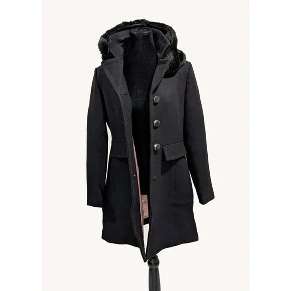 NWOT Kate Spade Double Breasted Faux Fur Trim Coat Black Size S MSRP $358 - Picture 2 of 9